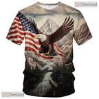 Grey USA Bald Eagle American Flag Motif 3D Graphic Printed Casual Unisex T-Shirt