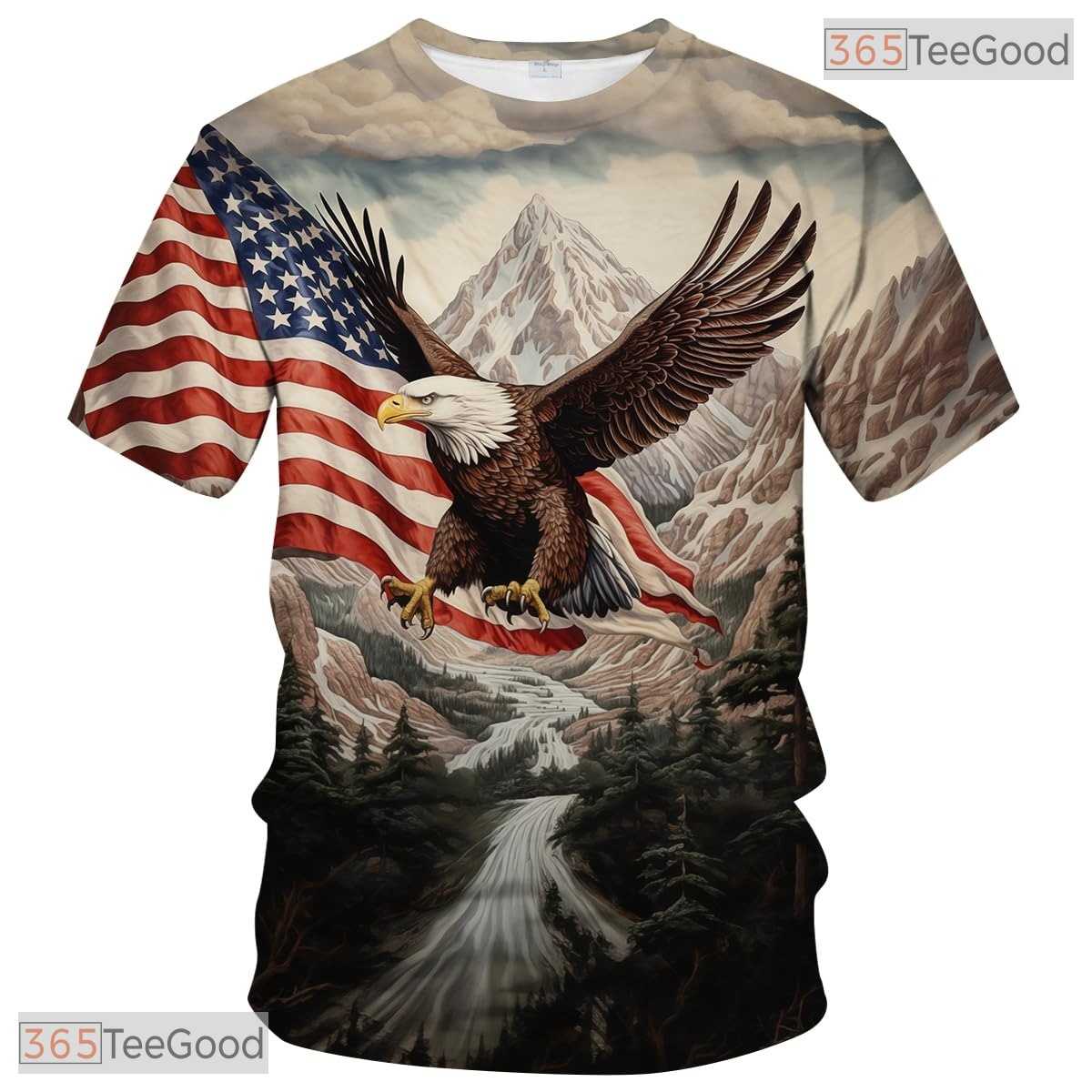 Grey USA Bald Eagle American Flag Motif 3D Graphic Printed Casual Unisex T-Shirt