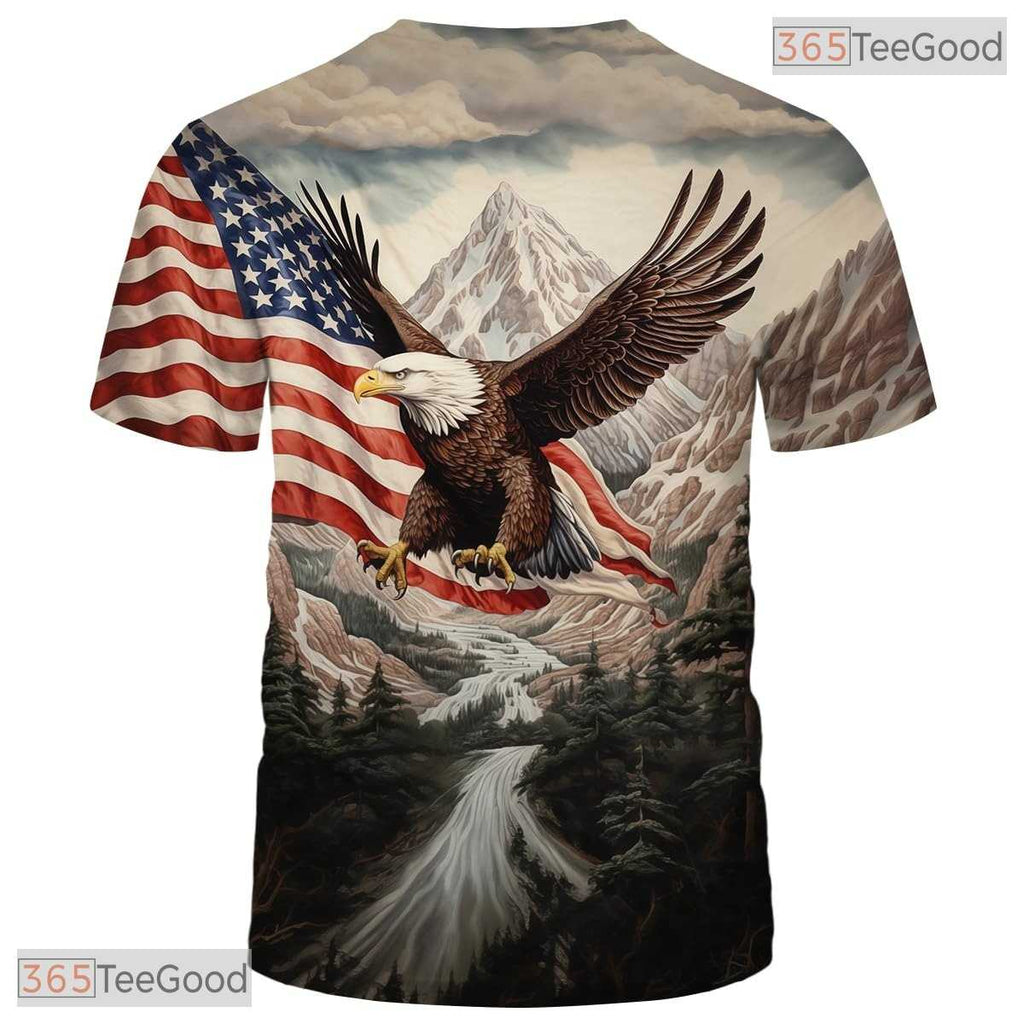 Grey USA Bald Eagle American Flag Motif 3D Graphic Printed Casual Unisex T-Shirt