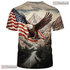 Grey USA Bald Eagle American Flag Motif 3D Graphic Printed Casual Unisex T-Shirt