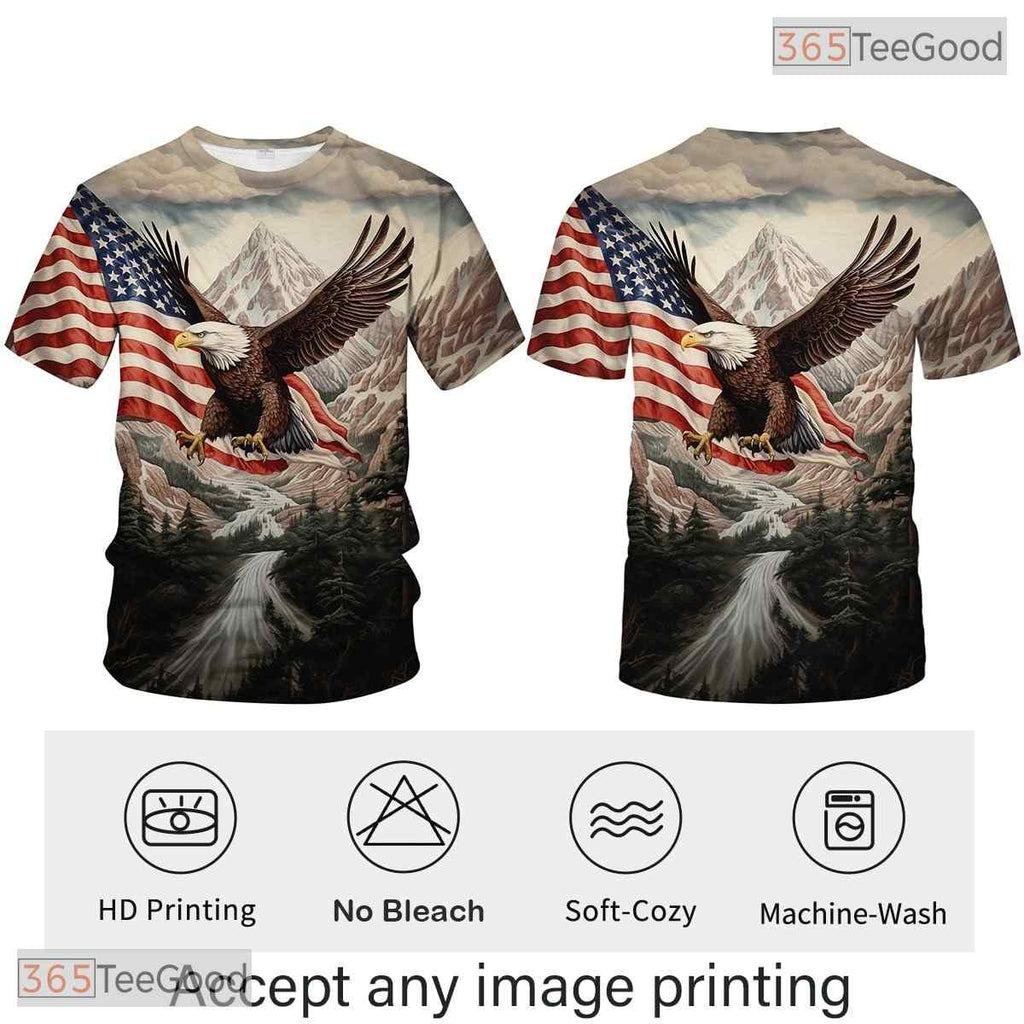 Grey USA Bald Eagle American Flag Motif 3D Graphic Printed Casual Unisex T-Shirt