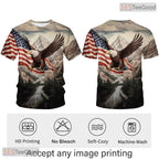 Grey USA Bald Eagle American Flag Motif 3D Graphic Printed Casual Unisex T-Shirt