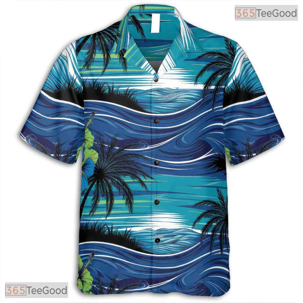 Tropical Palm Leaf Hawaiian Shirt - Black Blue Summer Beachwear