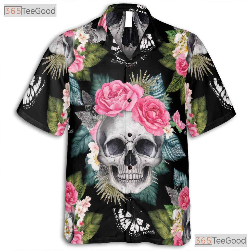 Skull and Butterfly Hawaiian Shirt - Edgy Aloha Shirt for Men