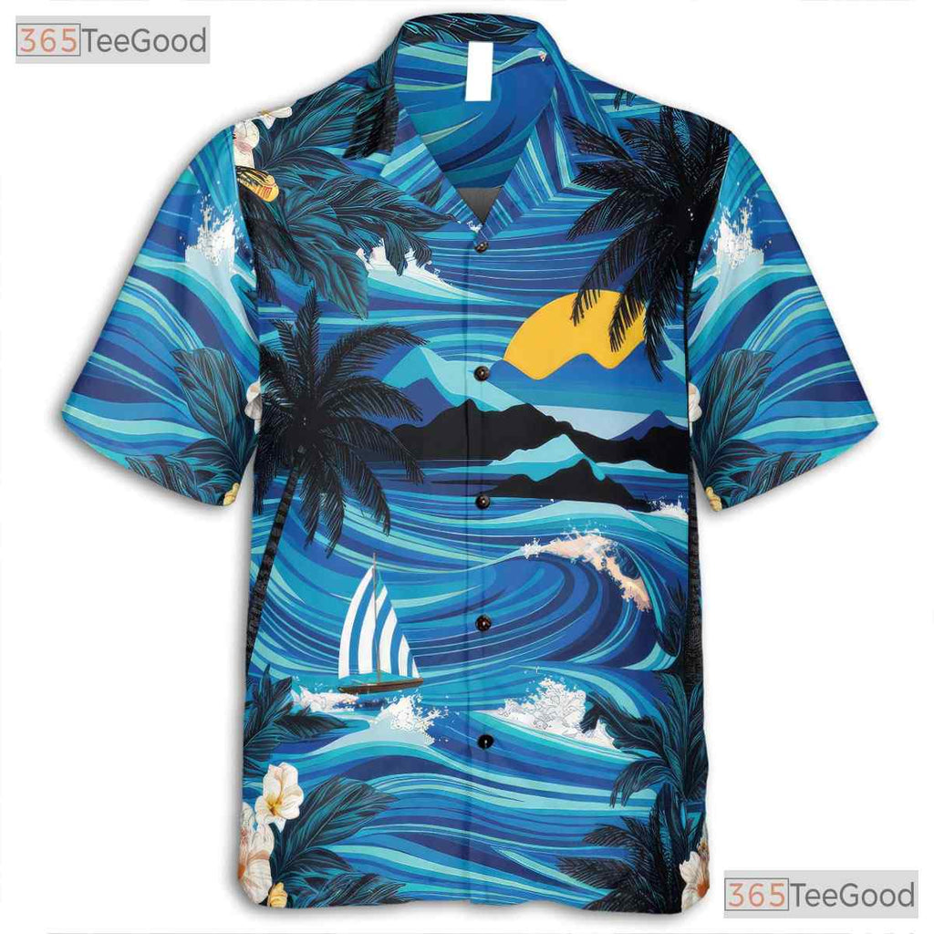 Ocean Sunset Palm Tree Hawaiian Shirt - Aloha Beachwear Gift