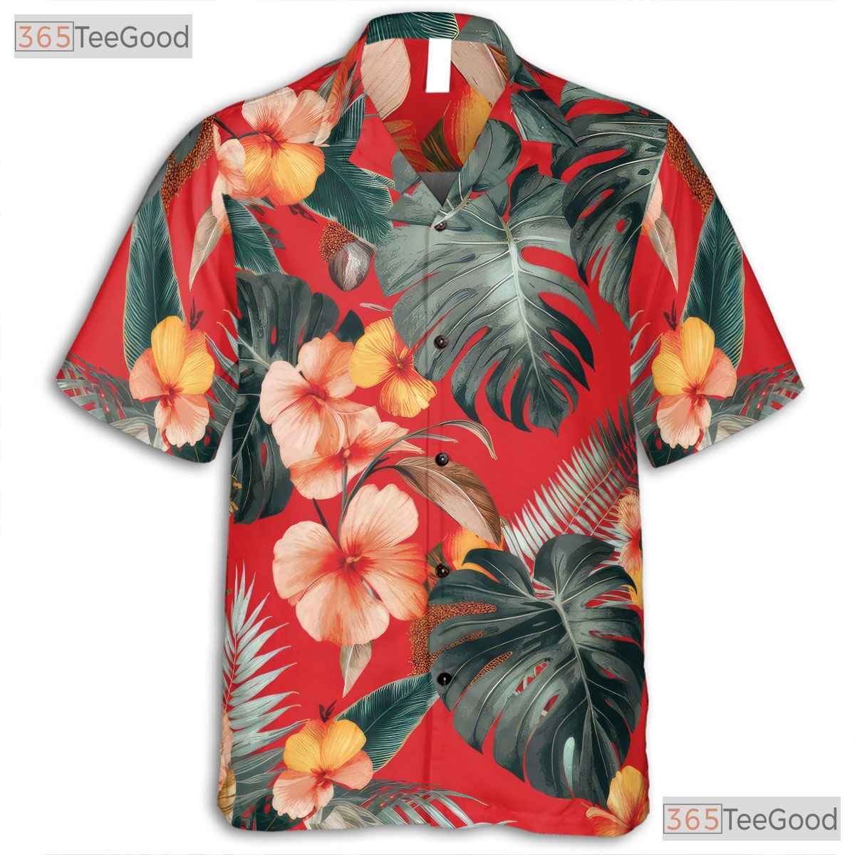 Red Tropical Leaf Hawaiian Shirt - Women's Summer Aloha Outfit