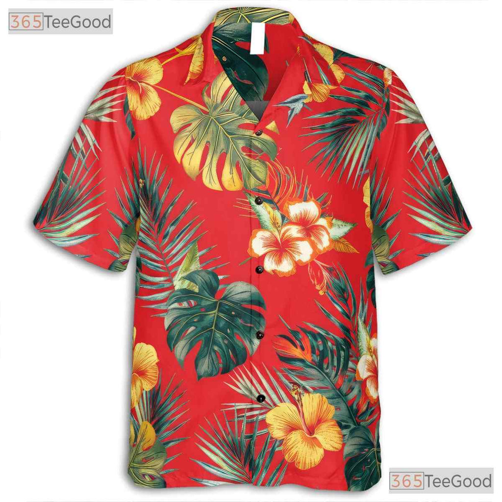 Tropical Red Floral Hawaiian Shirt - Vibrant Adult Beach Tee