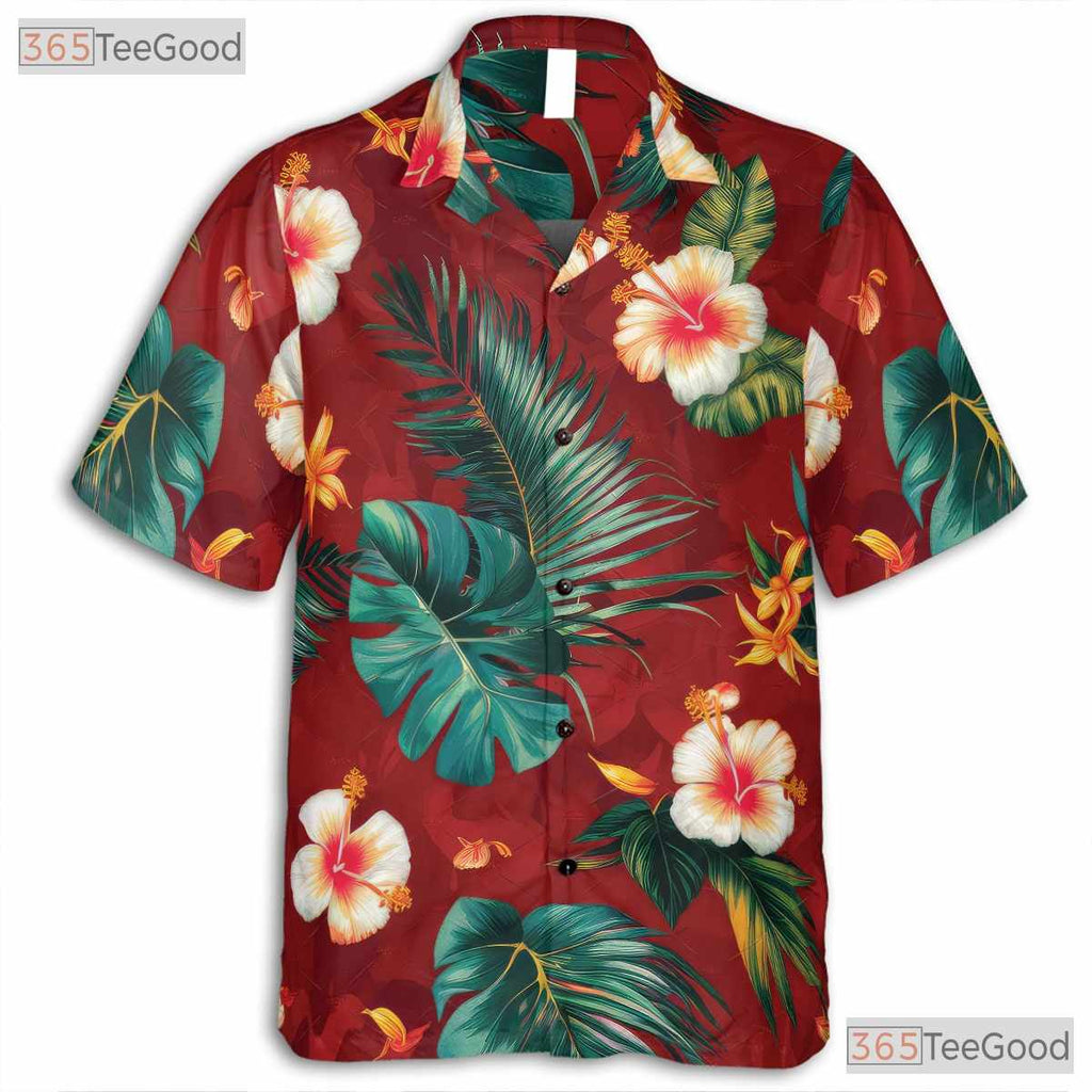 Red Flower Palm Hawaiian Shirt - Unisex Casual Vacation Tee