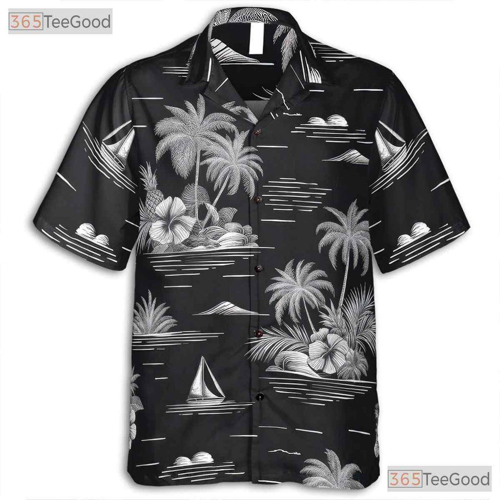 Black & White Tropical Hawaiian Shirt - Vintage Adult Aloha Tee