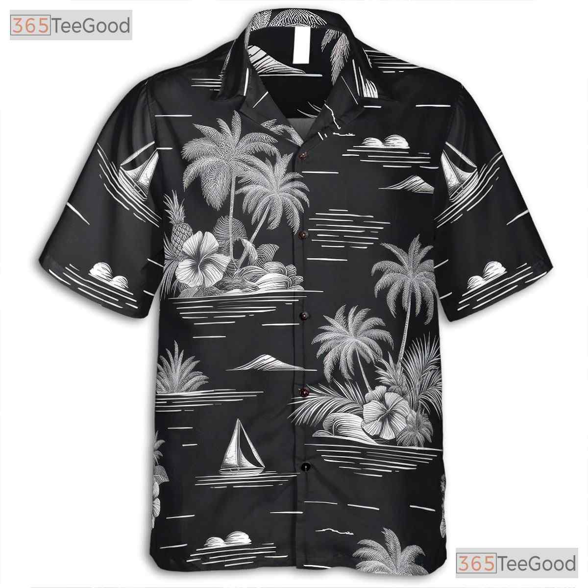Black & White Tropical Hawaiian Shirt - Vintage Adult Aloha Tee