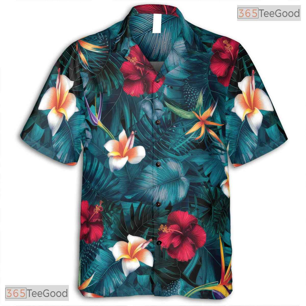 Classic Tropical Hibiscus Hawaiian Tee - Palm Leaves Aloha Design Men