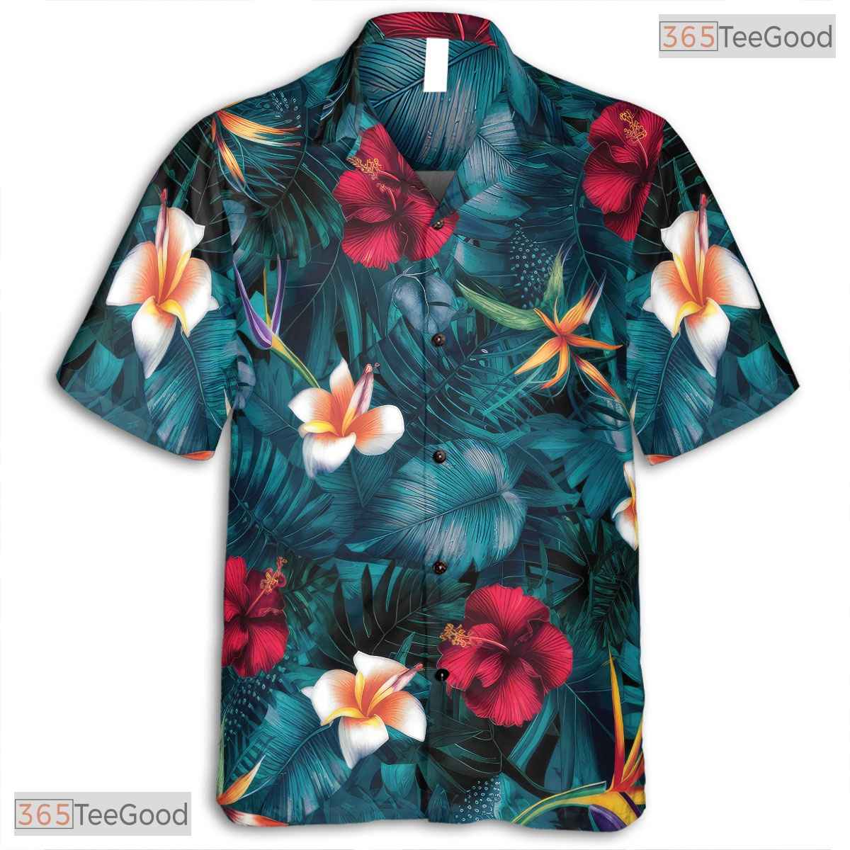 Classic Tropical Hibiscus Hawaiian Tee - Palm Leaves Aloha Design Men