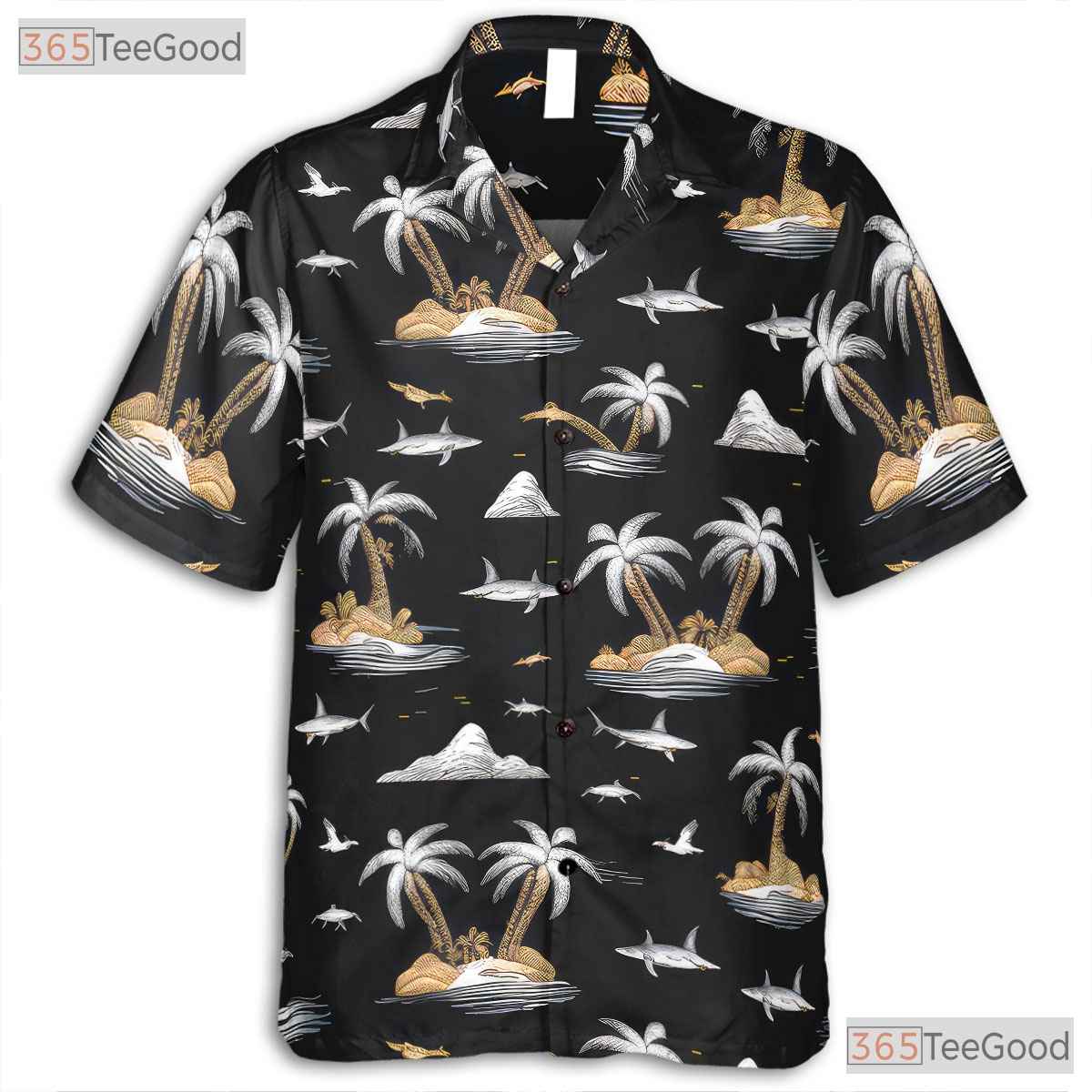 Shark and Island Hawaiian Shirt - Unique Adult Summer Aloha Tee