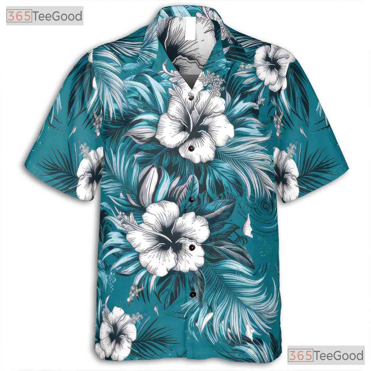 Turquoise Hibiscus Palm Hawaiian Shirt - Adult Vacation Aloha Tee