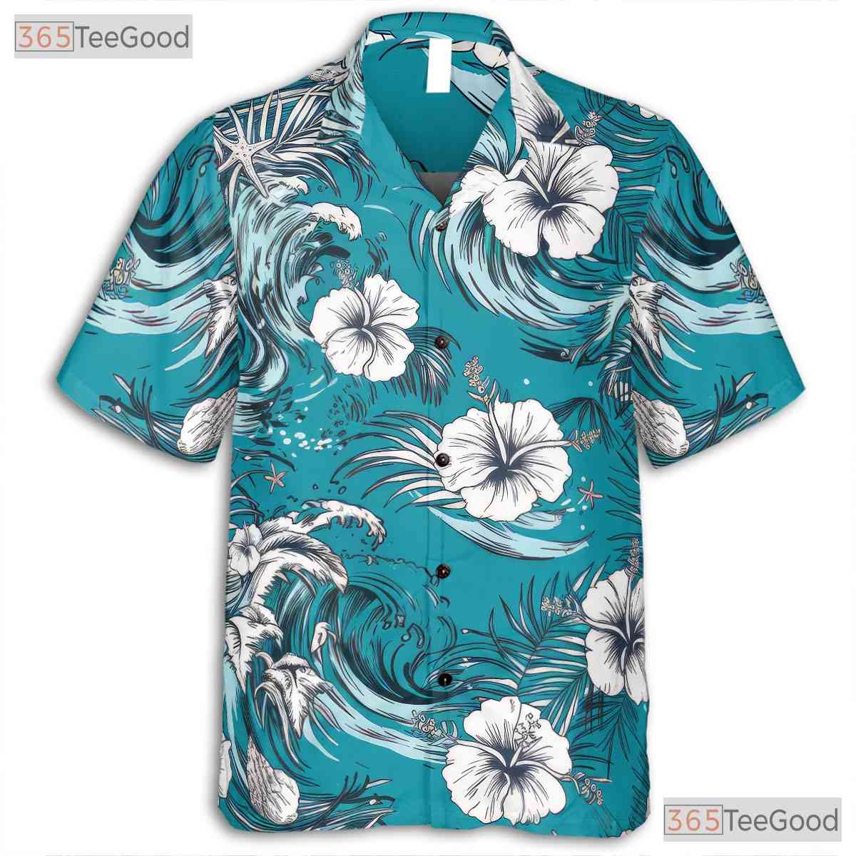 Hibiscus Leaf Print Hawaiian Shirt - Unisex Turquoise Aloha Tee
