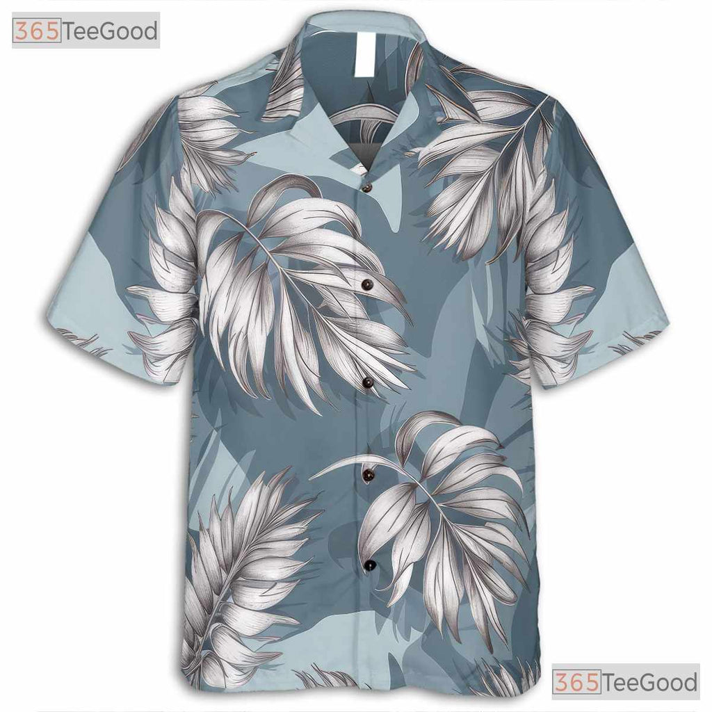 Blue Palm Leaf Print Hawaiian Shirt - Women's Tropical Vacation Tee