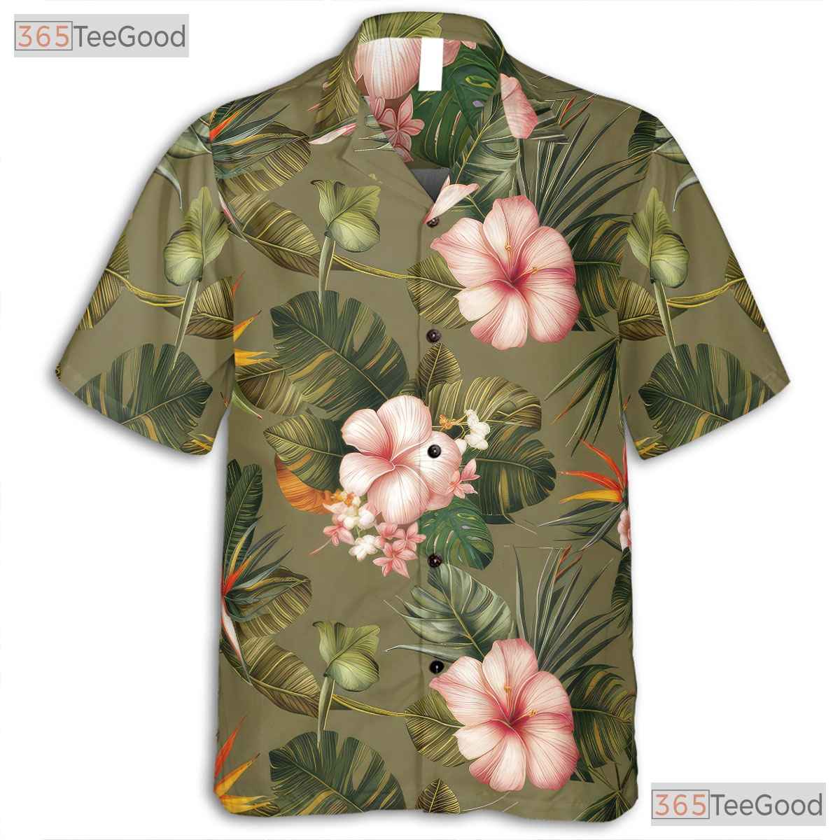 Olive Green Floral Hawaiian Shirt - Unisex Tropical Aloha Wear