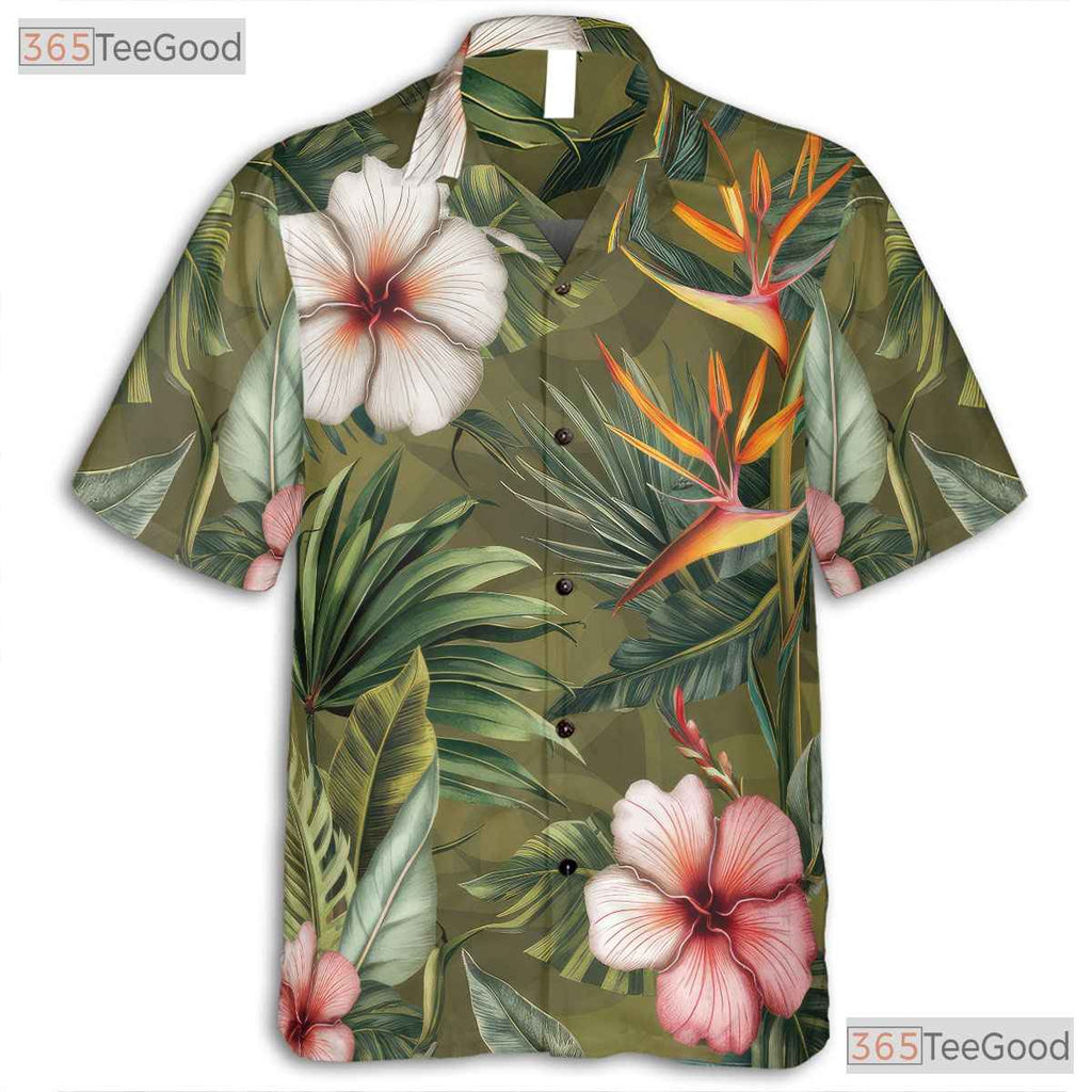 Olive Green Palm Hibiscus Hawaiian Shirt - Men's Beach Party Tee