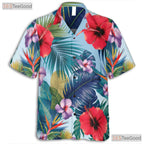 Red Hibiscus Blue Palm Hawaiian Shirt - Adult Tropical Beachwear
