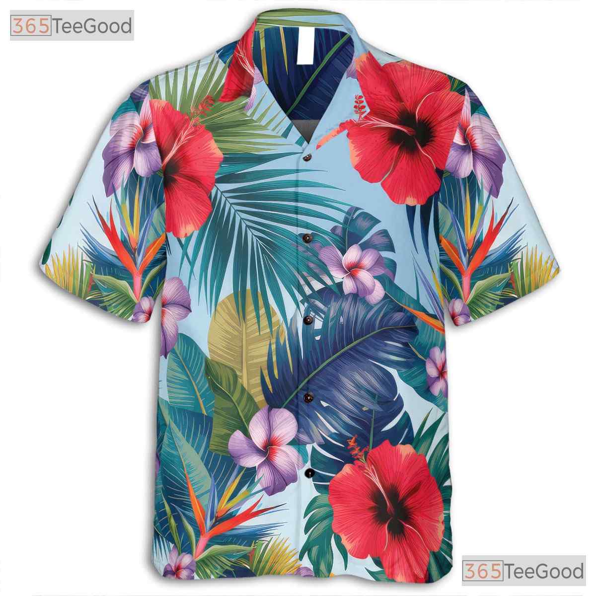 Red Hibiscus Blue Palm Hawaiian Shirt - Adult Tropical Beachwear
