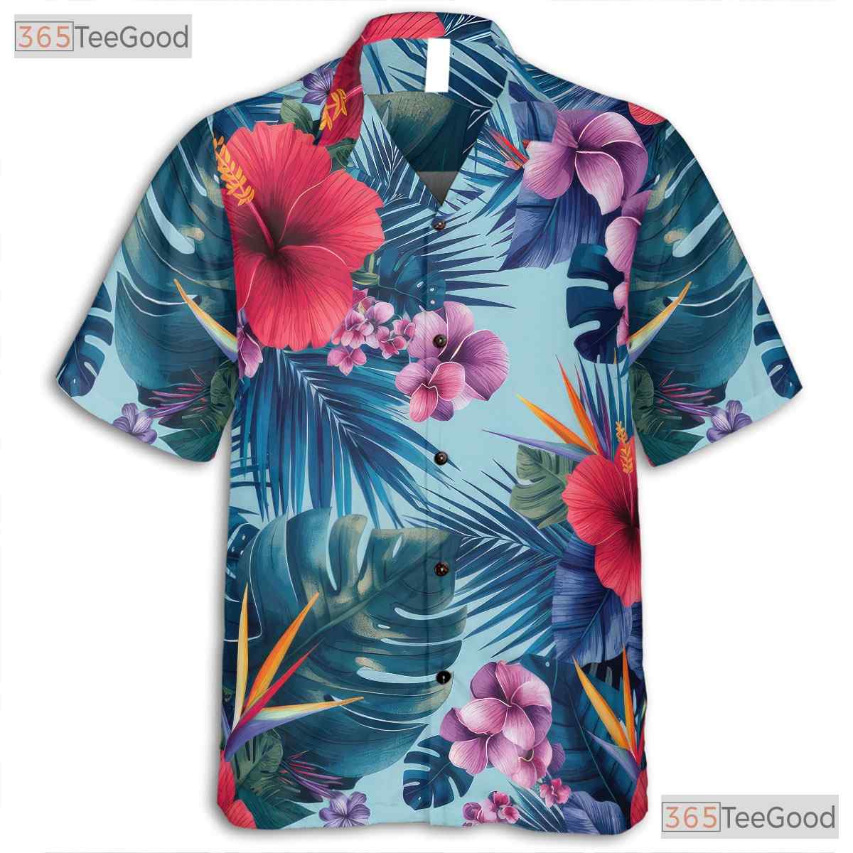 Red Hibiscus Blue Leaves Hawaiian Shirt - Adult Summer Aloha Tee