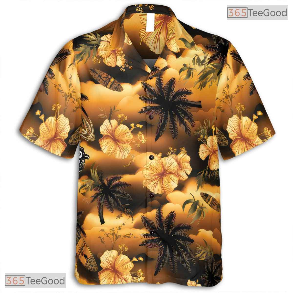 Sunset Red Palm Hawaiian Tee - Tropical Island Vacation Resort Adults