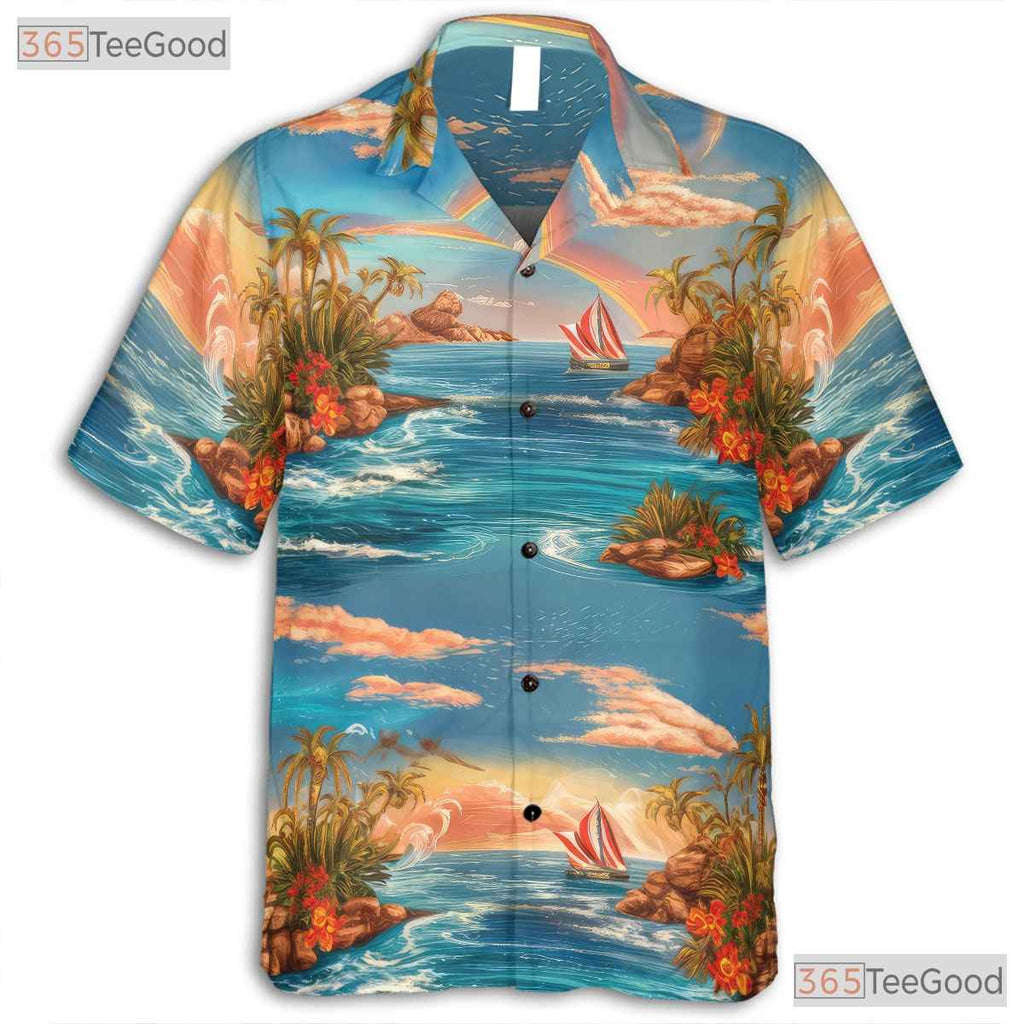 Blue Ocean Paradise Hawaiian Tee - Palm Trees Sunset Vacation Women
