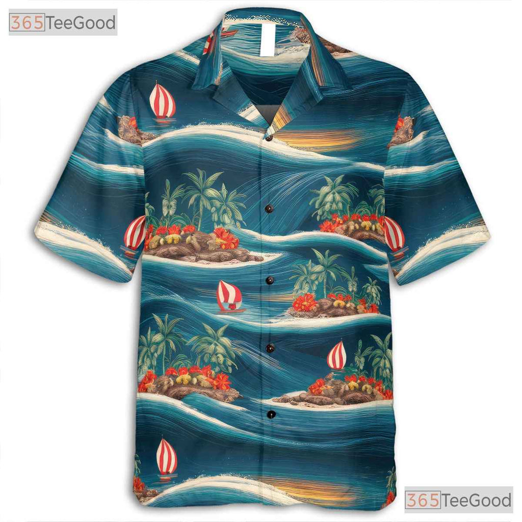 Blue Sunset Ocean Hawaiian Shirt - Tropical Beach Palm Tree Unisex