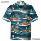 Blue Sunset Ocean Hawaiian Shirt - Tropical Beach Palm Tree Unisex