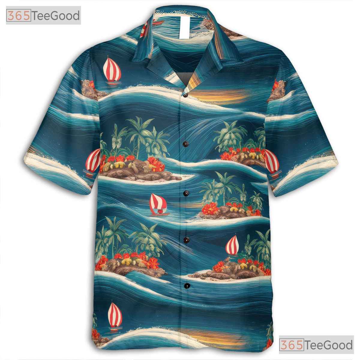 Blue Sunset Ocean Hawaiian Shirt - Tropical Beach Palm Tree Unisex