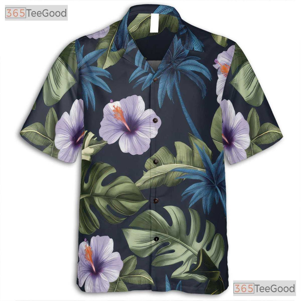 Tropical Palm Hibiscus Hawaiian Tee - Navy Blue Island Aloha Adults