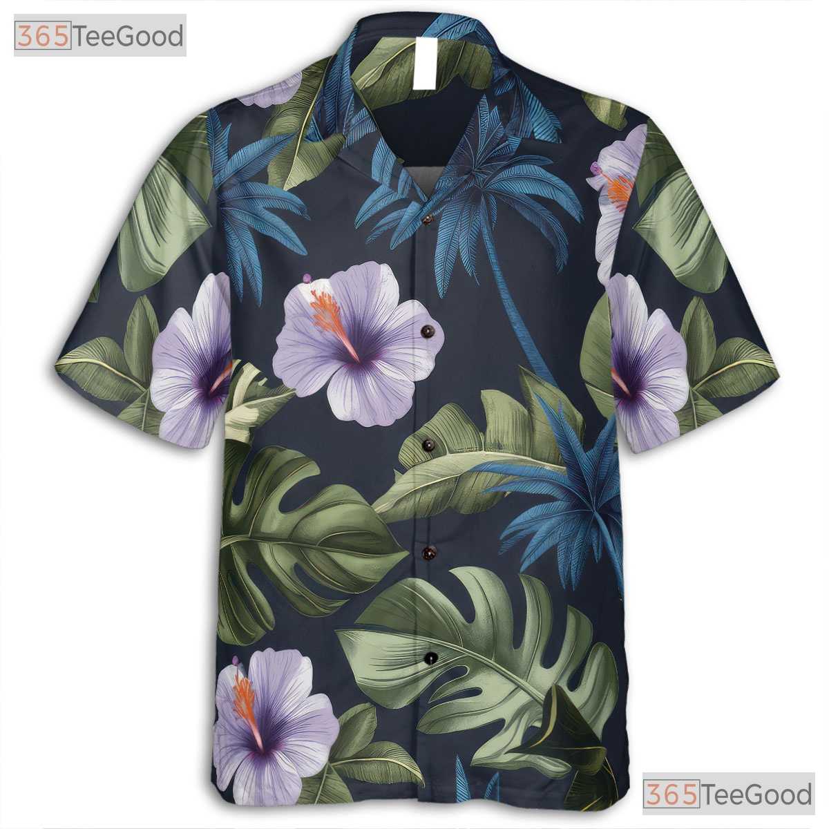 Tropical Palm Hibiscus Hawaiian Tee - Navy Blue Island Aloha Adults
