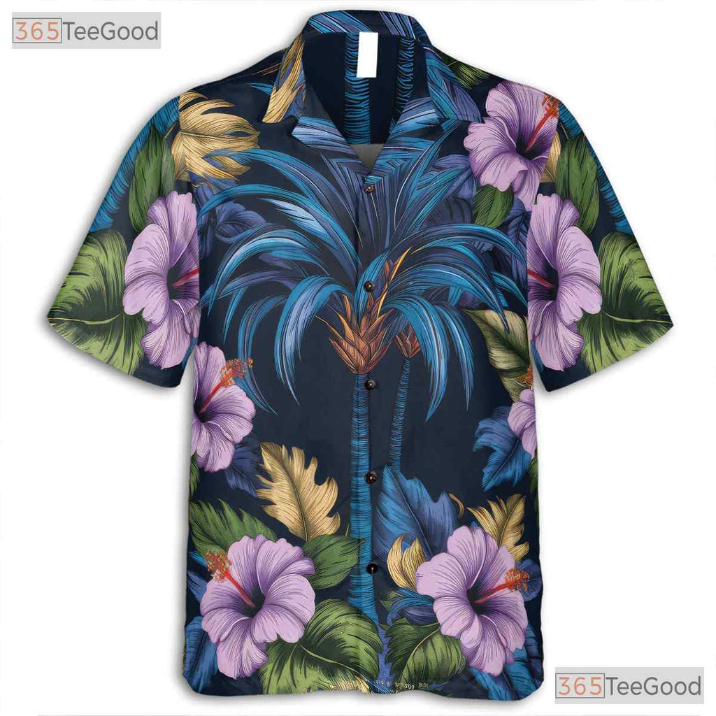 Floral Navy Blue Hawaiian Tee - Tropical Aloha Palm Hibiscus Women