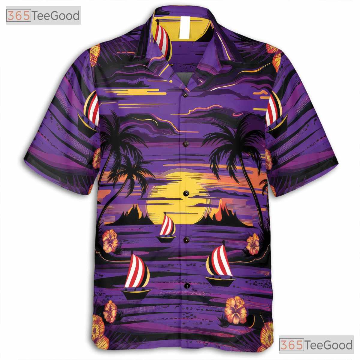 Purple Sunset Paradise Hawaiian Shirt - Sailboats & Palm Island Men