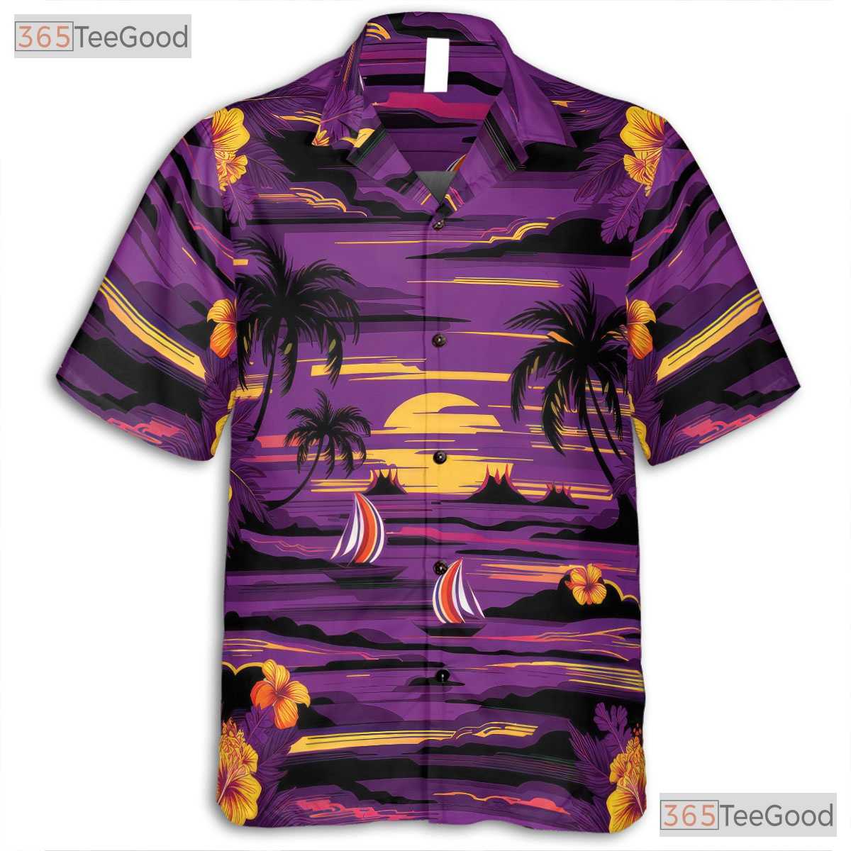 Purple Sunset Tropical Hawaiian Tee - Beach Sailboat Island Unisex
