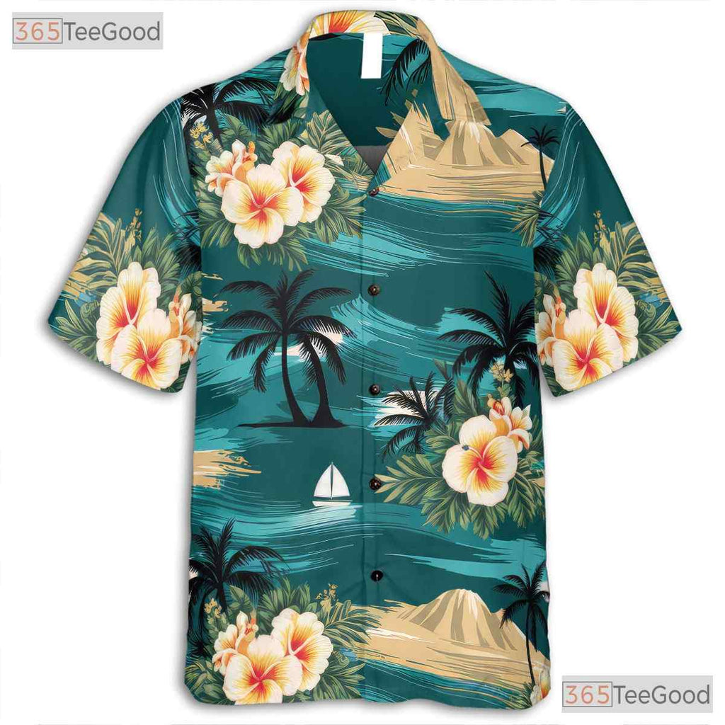 Vintage Hawaiian Tee - Ocean Waves Sailboats & Palm Trees Gift for Adults