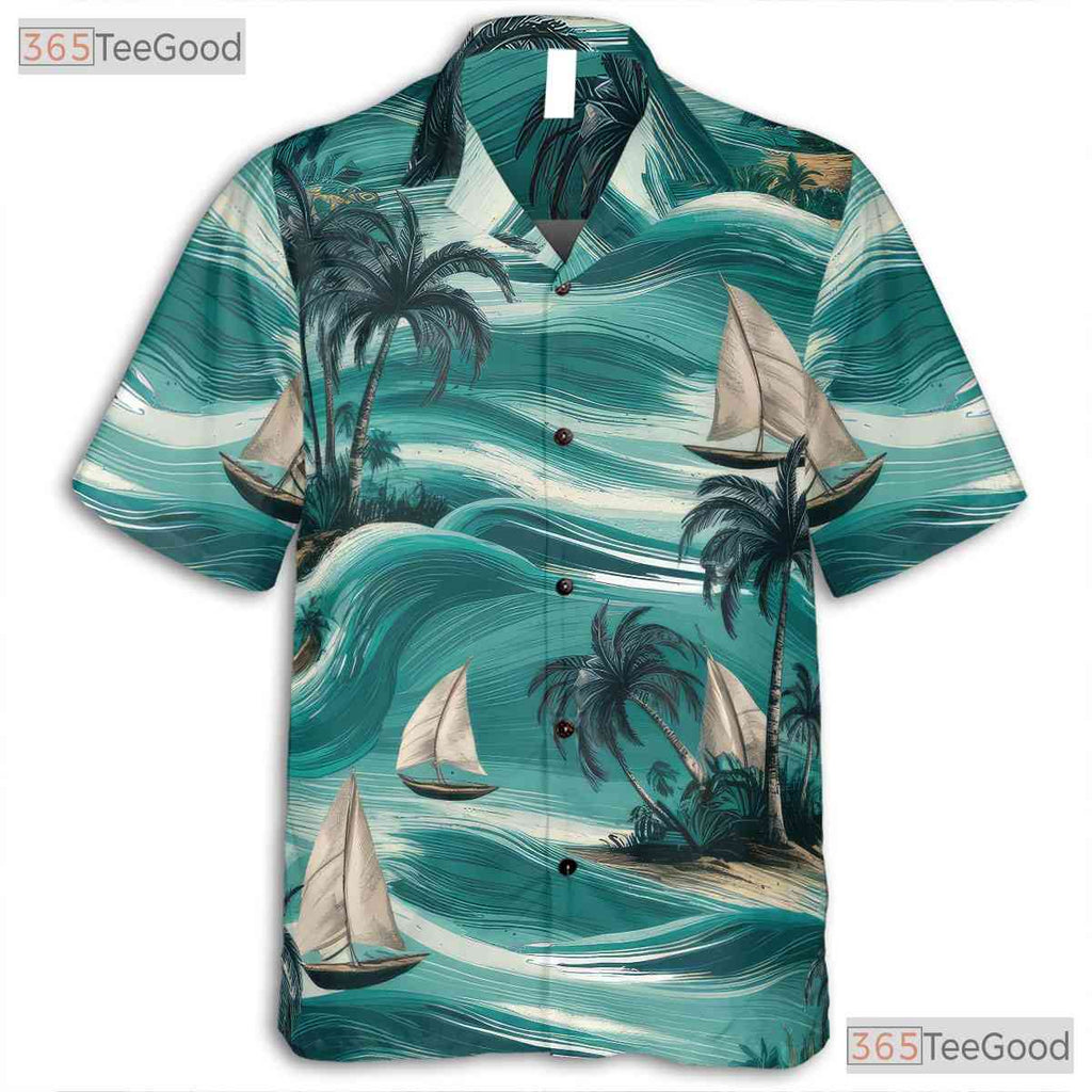 Retro Hawaiian Tee - Sailboats Palm Trees & Ocean Breeze Design Unisex