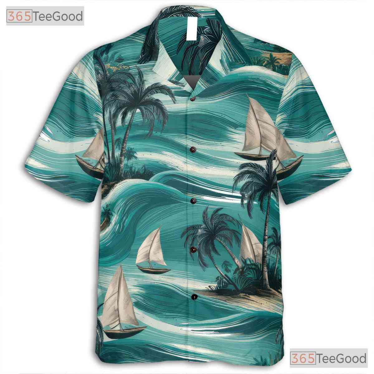 Retro Hawaiian Tee - Sailboats Palm Trees & Ocean Breeze Design Unisex