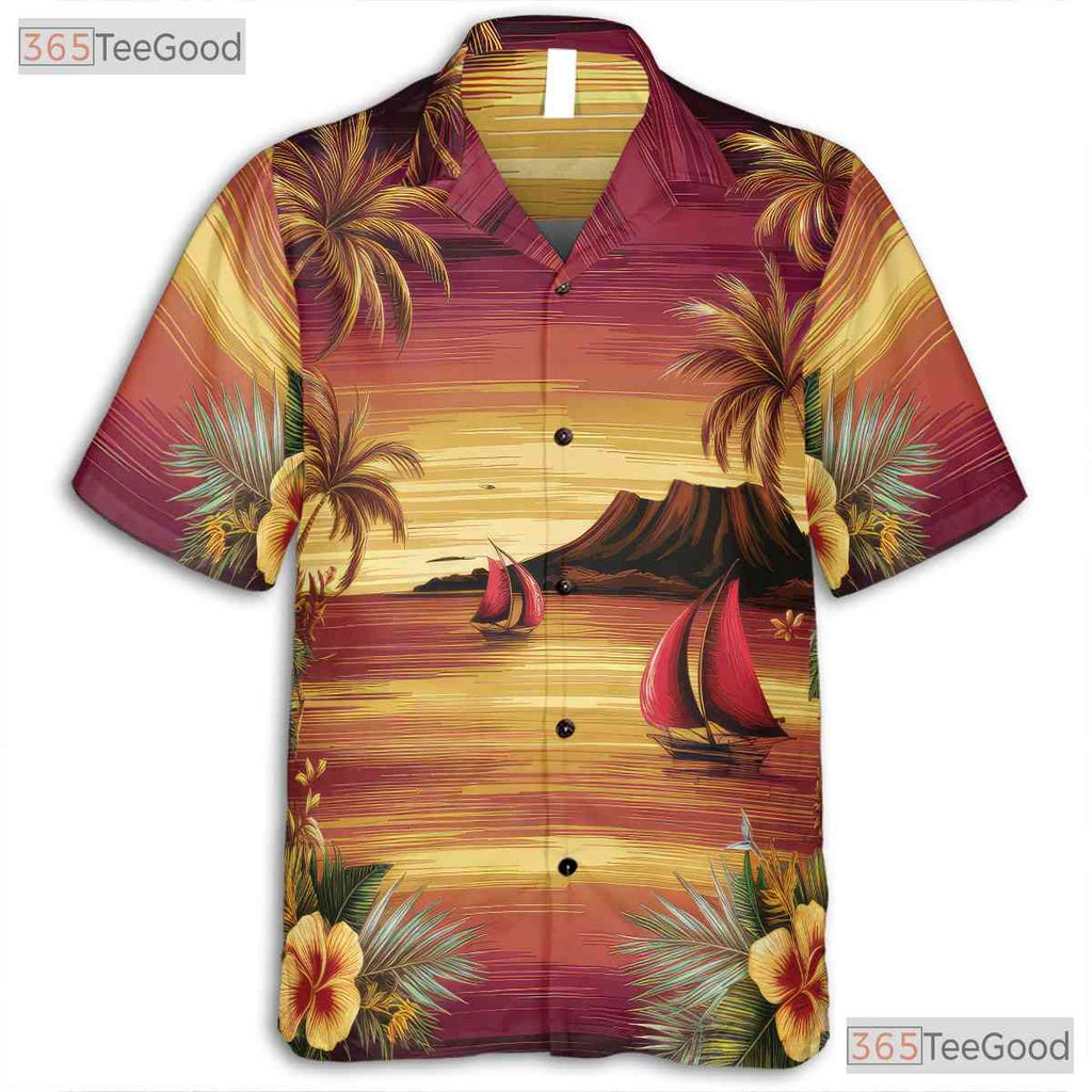 Tropical Palm Sunset Hawaiian Tee - Ocean Waves Summer Gift Unisex Adult