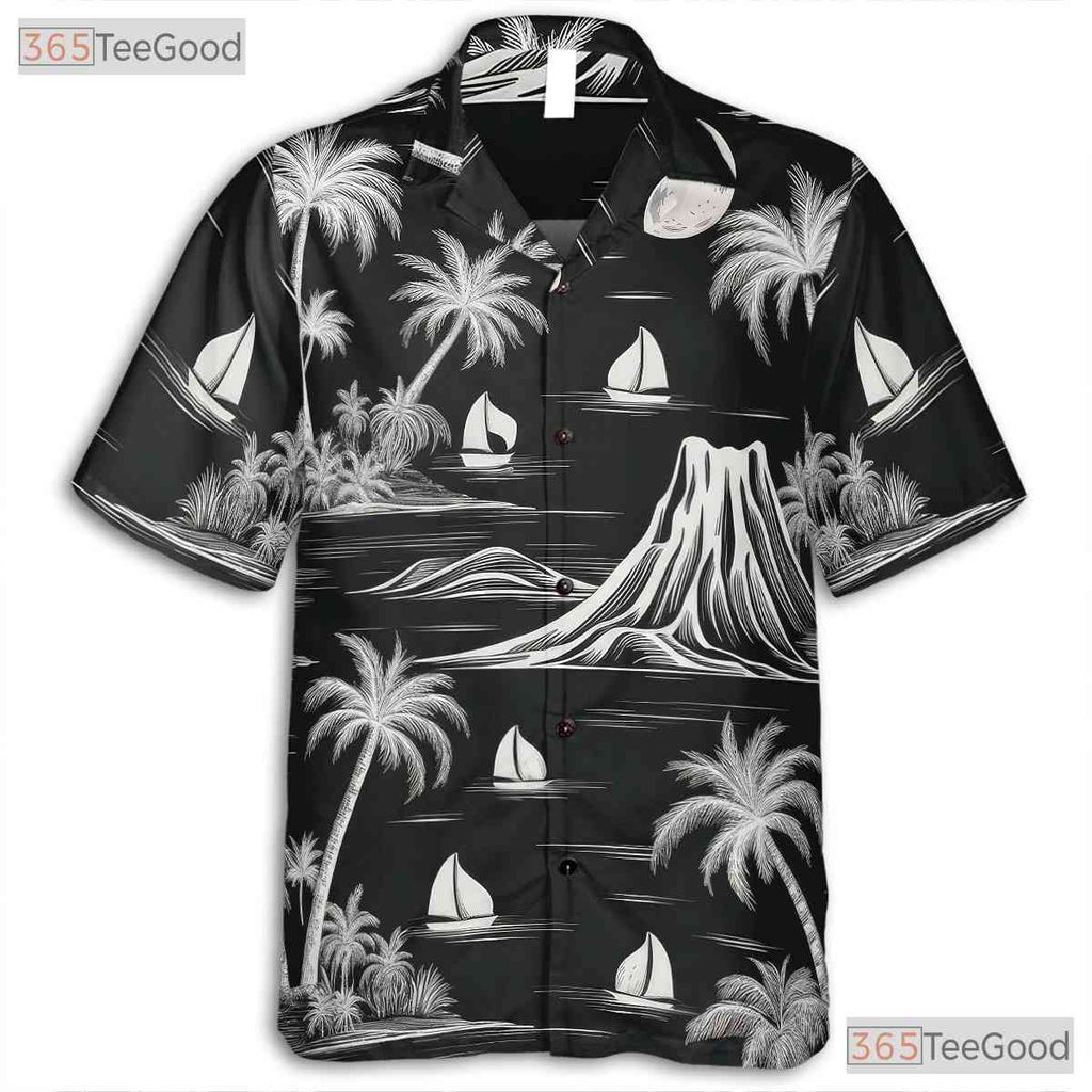 Black & White Palm Hawaiian Shirt - Tropical Island Vintage Beachwear Women