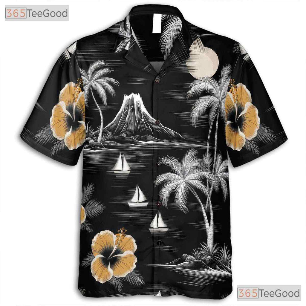 Retro Island Hawaiian Tee - Monochrome Palm Tree Ocean Style for Adults