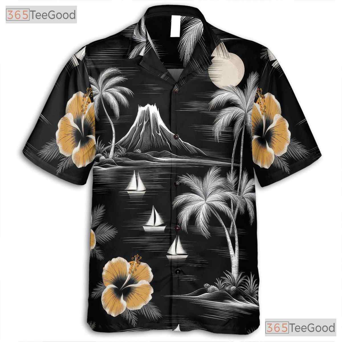 Retro Island Hawaiian Tee - Monochrome Palm Tree Ocean Style for Adults