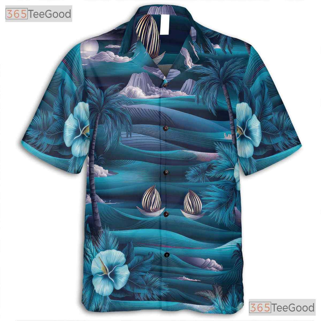 Vintage Aloha Hawaiian Tee - Blue Palm Trees Ocean Island Style Women