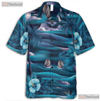 Vintage Aloha Hawaiian Tee - Blue Palm Trees Ocean Island Style Women