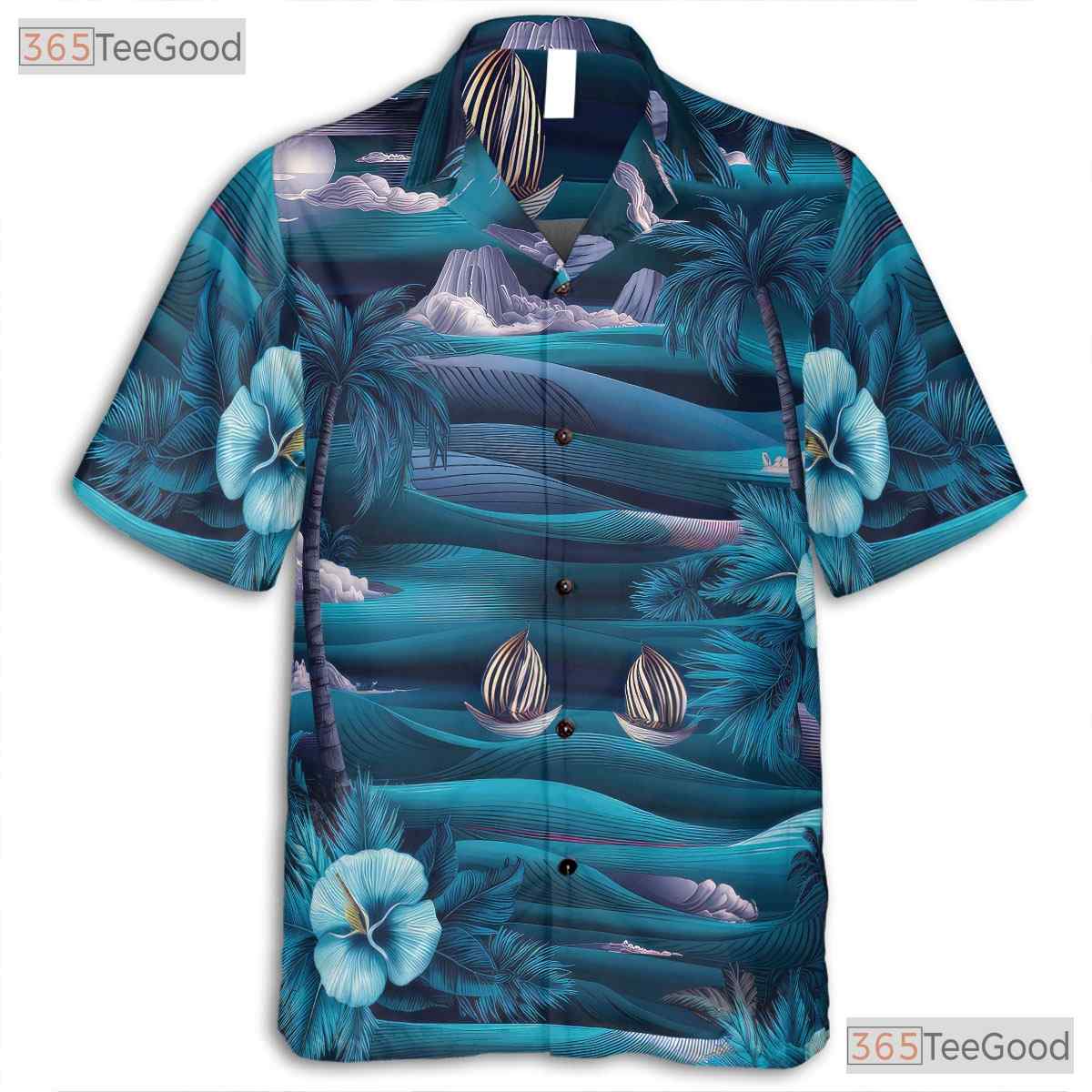 Vintage Aloha Hawaiian Tee - Blue Palm Trees Ocean Island Style Women