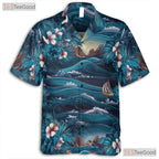 Navy Palm Hawaiian Shirt - Tropical Aloha Floral Ocean Waves Men's