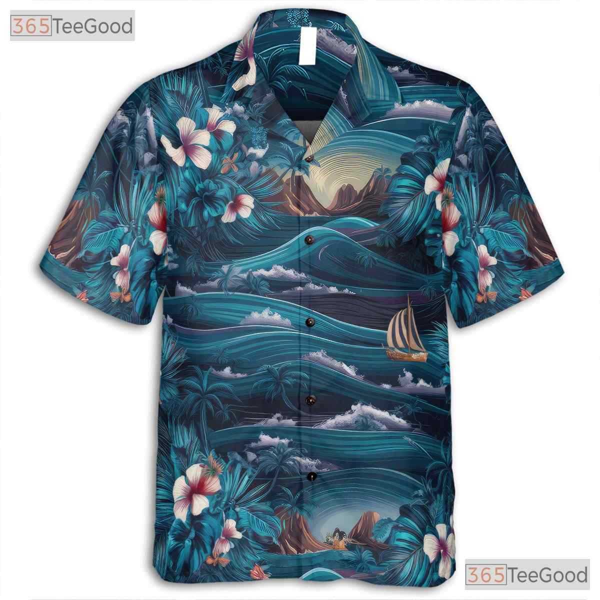Navy Palm Hawaiian Shirt - Tropical Aloha Floral Ocean Waves Men's