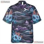 Navy Blue Hawaiian Tee - Palm Trees & Ocean Aloha Print Gift Unisex