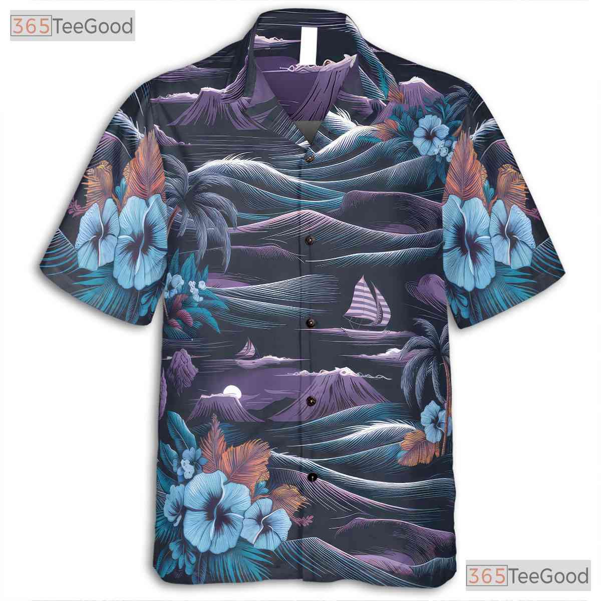 Navy Blue Hawaiian Tee - Palm Trees & Ocean Aloha Print Gift Unisex