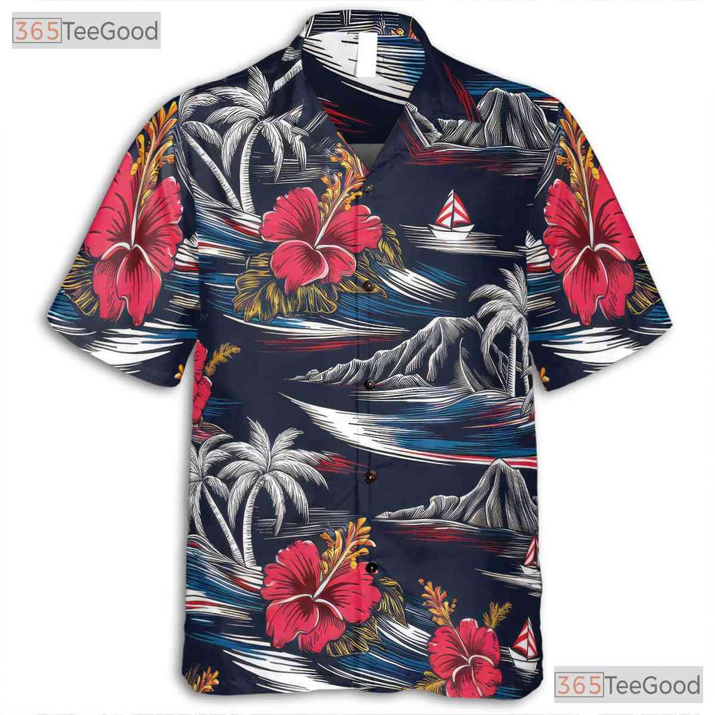 Floral Navy Tropical Hawaiian Shirt - Beach Ocean Summer Vacation Men